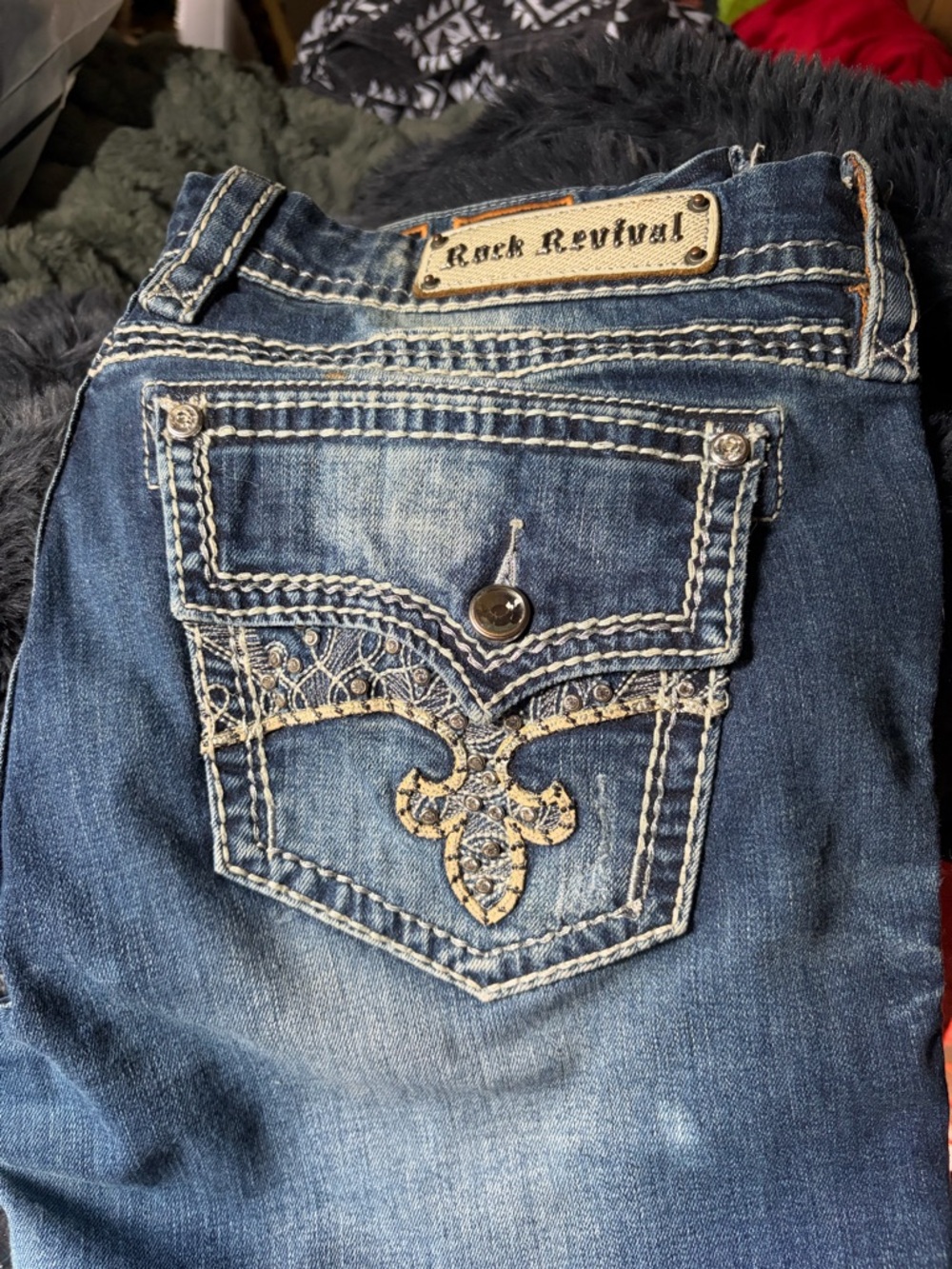 Rock Revival Dark Blue Denim Jeans with Cream Embroidered Pocket